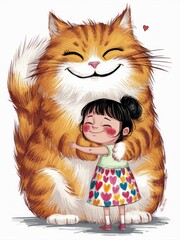 Adorable Little Girl Embracing Huge Fluffy Orange Cat with Heartwarming Smile