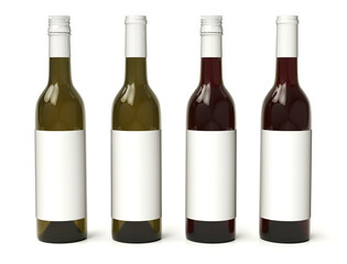 Wine bottles mockup with blank labels. Four bottles on white background. 3d illustration set