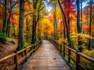 Naklejka premium Wooden Pathway with Colorful Trees in Autumn