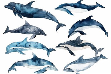 Watercolor painting of dolphins swimming in ocean. Perfect for educational materials or marine-themed designs