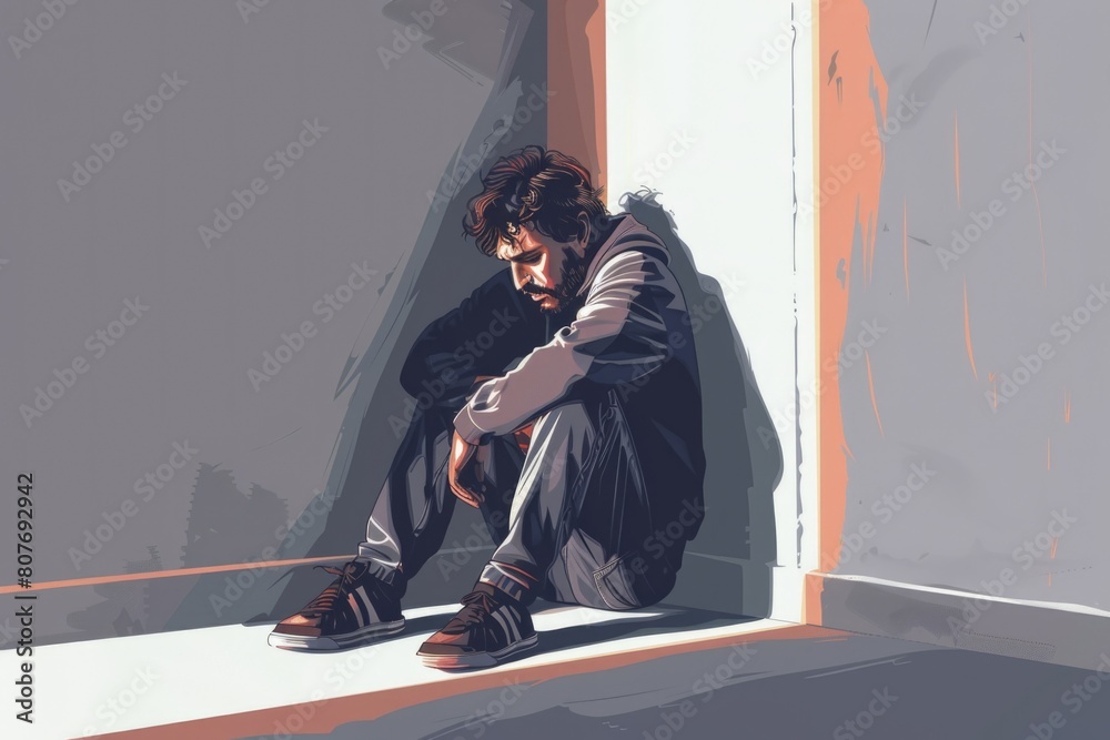Aufkleber a man sitting on the floor in a room. suitable for various concepts and designs