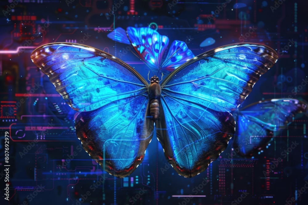 Poster a beautiful blue butterfly perched on a circuit board. ideal for technology concepts