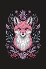 Majestic Pink Fox Surrounded by Intricate Floral and Feather Illustration on Black Background