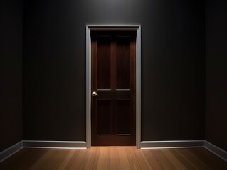 A closed wooden door in a dark room with focused light creating a dramatic and mysterious atmosphere.