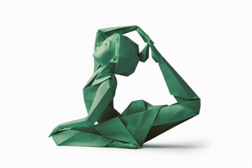 Green Origami Human Figure in Contemplative Pose Isolated on White Background