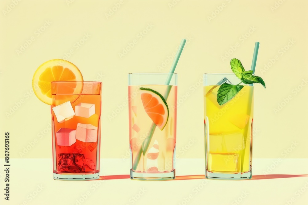 Poster three glasses with different beverages, suitable for various concepts