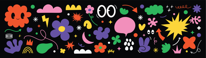 Set of abstract shape sticker vector. Collection of retro groovy design with figure, Memphis element , sparkle and cute doodle. © TWINS DESIGN STUDIO