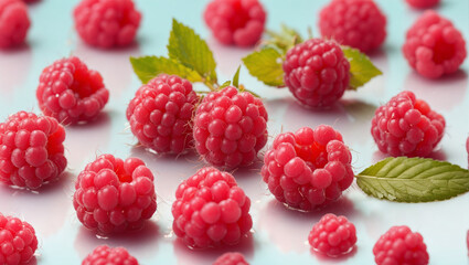 several red raspberries on a white surface