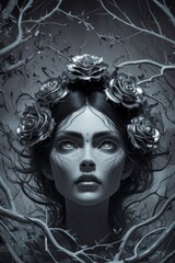 Enigmatic Woman with Floral Crown Surrounded by Twisted Branches in Monochrome