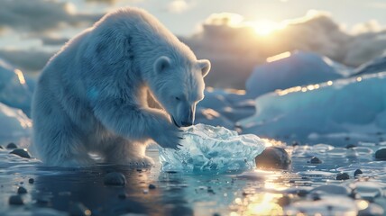  A poignant image of a polar bear delicately holding a rapidly melting piece of ice, symbolizing the devastating effects of climate change on Arctic ecosystems.