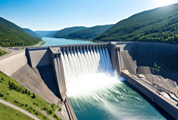 View of modern giant dam, hydroelectric power station. Hydro electrification concept. Copy ad text space