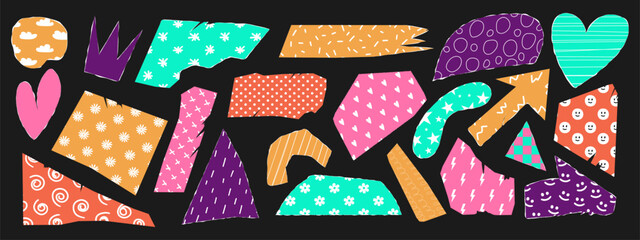 Sheets of paper with torn shapes with funny pattern. Design elements for contemporary art collage. Vector illustration