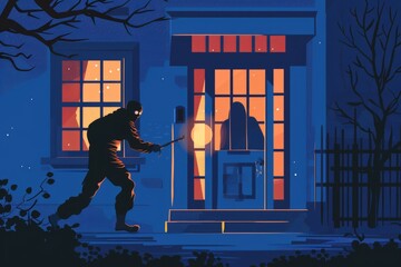 A man with a bat entering a house at night. Suitable for security concepts - obrazy, fototapety, plakaty