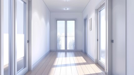 Realistic 3D modern illustration of hallway interior with a window and door with glass panels. Empty modern room inside view. Home design vizualization, white walls and a wooden floor, realistic 3D