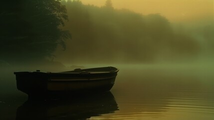 A lonely rowboat sits on a still lake, surrounded by a thick fog.