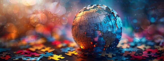 A globe made up of colorful puzzle pieces, each piece representing a different nation working together to form a whole.