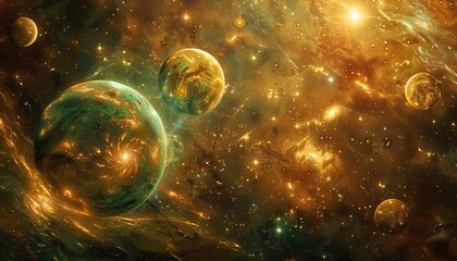 abstract space scene with colorful planets and stars.