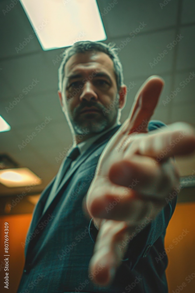 Poster A man in a suit pointing directly at the camera. Suitable for business concepts