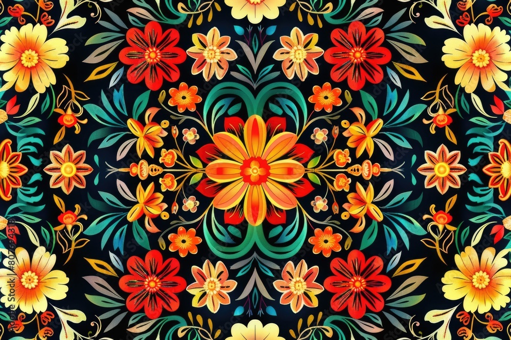 Poster vibrant floral pattern on a dark backdrop, suitable for various design projects