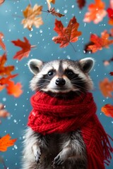 Fototapeta premium Joyful raccoon in red scarf dancing under the autumn leaves rain, with a vibrant blue vertical background, happy season concept