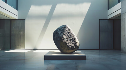 A large, solid rock sits on a pedestal in the center of a room - Powered by Adobe