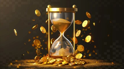 It is time that money is made, gold coins fall into sand in an hourglass on a transparent background. A realistic 3D modern illustration depicts success in finance, patience, and becoming a more