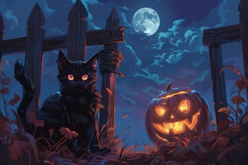Moonlit Halloween Night with Black Cat and Carved Pumpkin in Eerie Landscape