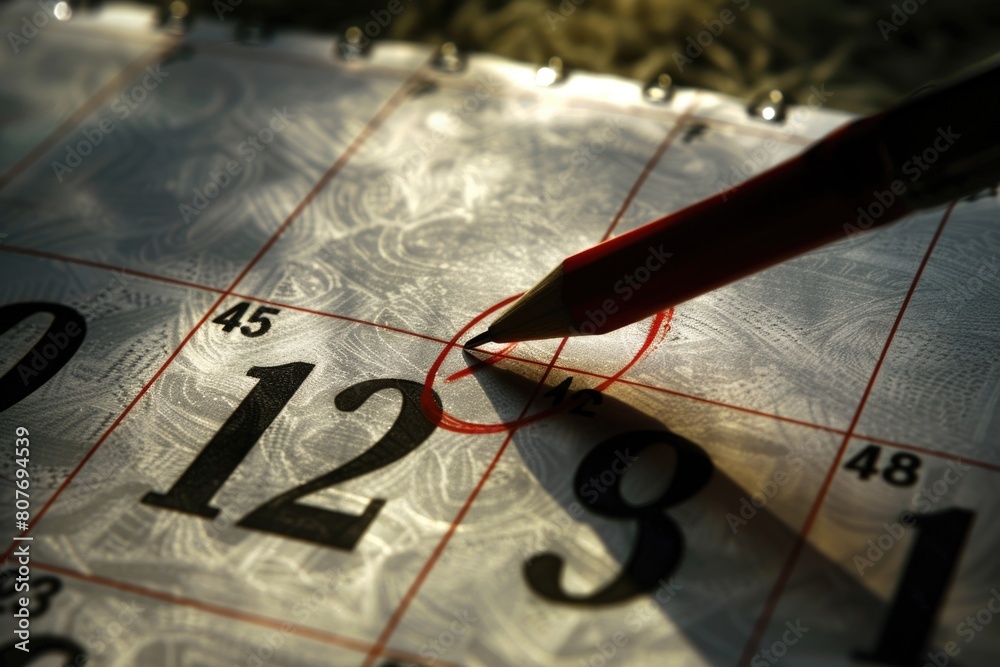 Poster A close up view of a calendar with a pencil, suitable for office or planning concepts