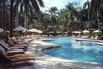 Obraz premium Swimming pool and sun loungers at stylish tropical spa hotel, summertime banner mockup. Summer travel sales and vacation concept.
