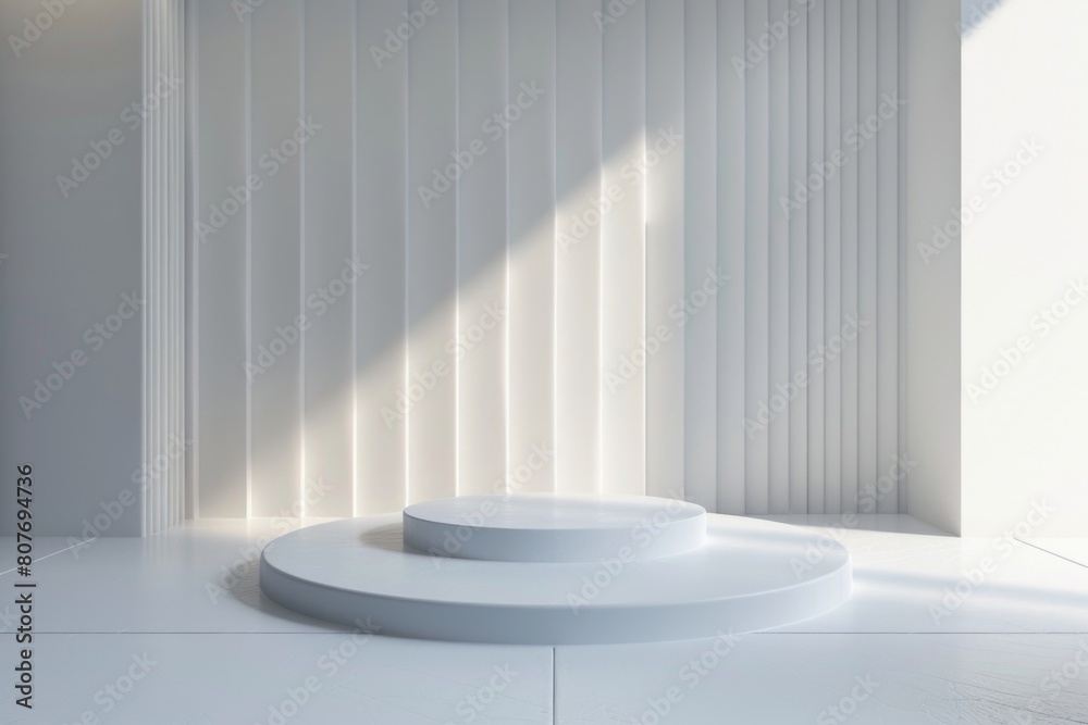 Poster white platform in a room with vertical blinds, suitable for interior design projects