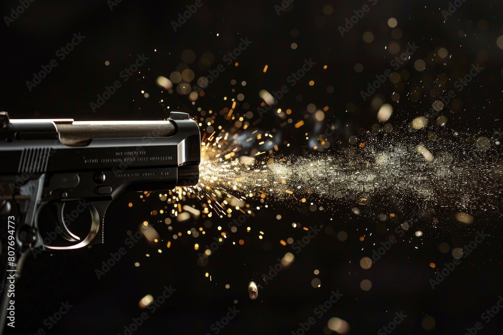 Poster a close up of a gun with sparks, ideal for action scenes