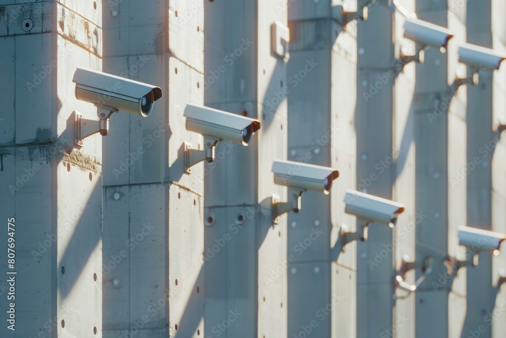 Poster a cluster of surveillance cameras mounted on a wall. suitable for security concept