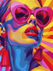 Vibrant, Colorful Pop Art Portrait of Woman Wearing Sunglasses and Earrings