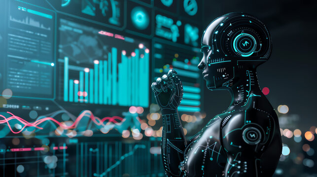 An AI robot assistant standing in front of a large digital display. The robot is wearing a black suit and has a metallic face. The display shows various graphs and charts.