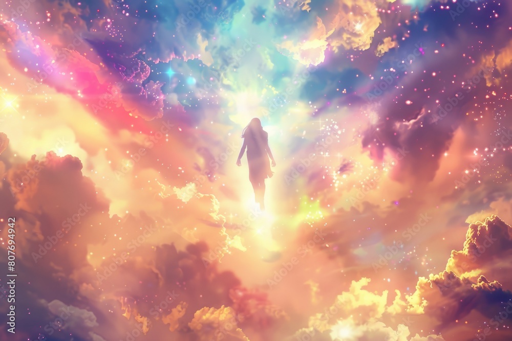Aufkleber A person standing in the middle of a sky filled with clouds. Suitable for various concepts and designs