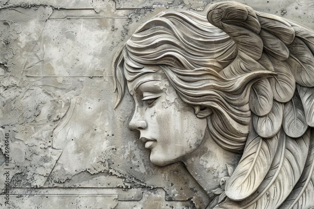 Poster a statue of a woman with wings displayed on a wall. suitable for various artistic and inspirational 