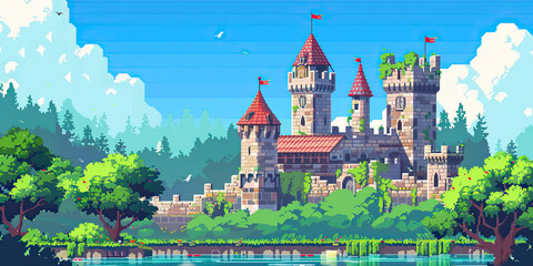 Castle background, video game style illustration castles towers 8-bit, vintage computer graphics, generated ai	
