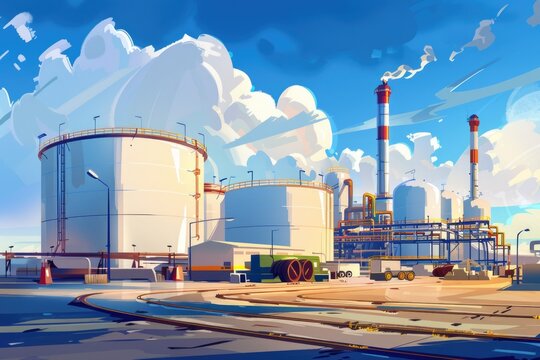 A painting of a factory with multiple tanks. Suitable for industrial concepts