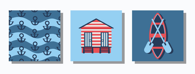 A set of square posters on a marine theme with a boat and a beach house. Vector illustration