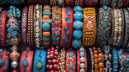Close up of many different colored bracelets. Perfect for jewelry store promotions