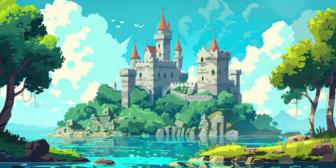 Naklejka premium Castle background, video game style illustration castles towers 8-bit, vintage computer graphics, generated ai 