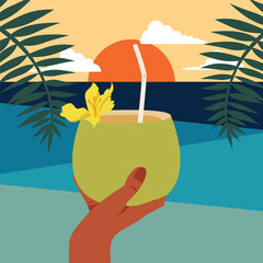 Hand Holding Fresh Coconut on The Beach Summer Vacation Illustration