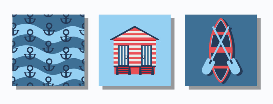 A set of square posters on a marine theme with a boat and a beach house. Vector illustration