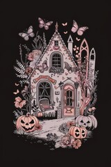 Enchanted Halloween Cottage Surrounded by Butterflies and Pumpkins on a Magical Autumn Night