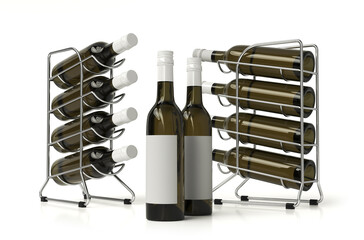 Wine bottles on tabletop wire rack and separately. 3d illustration set on white background