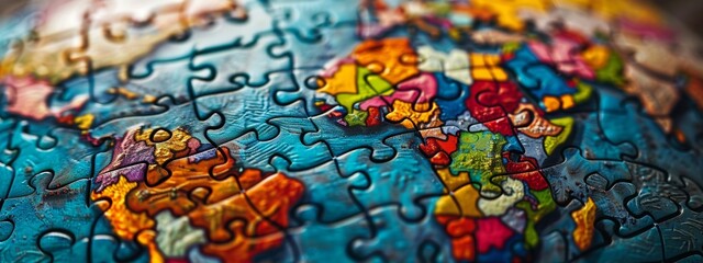 A globe made up of colorful puzzle pieces, each piece representing a different nation working together to form a whole.
