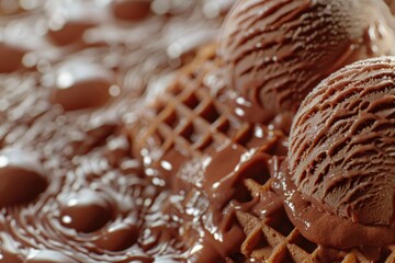 Two delicious scoops of chocolate ice cream on a crispy waffle, perfect for dessert menus