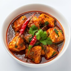Fototapeta premium A white bowl brimming with Indian fish curry, topped with vibrant cilantro garnish