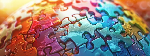 A globe made up of colorful puzzle pieces, each piece representing a different nation working together to form a whole.