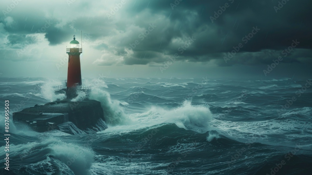 Poster A lighthouse standing strong in the midst of a stormy ocean. Perfect for illustrating resilience and guidance in tough times
